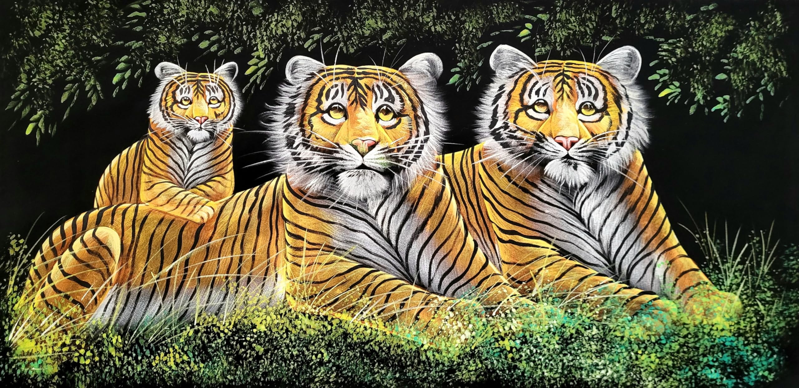 INSAIN - Tiger Family in the Wild Handmade Velvet Painting (122x60 cm) | Fabric Painting | Big Wall Art | Home Decor