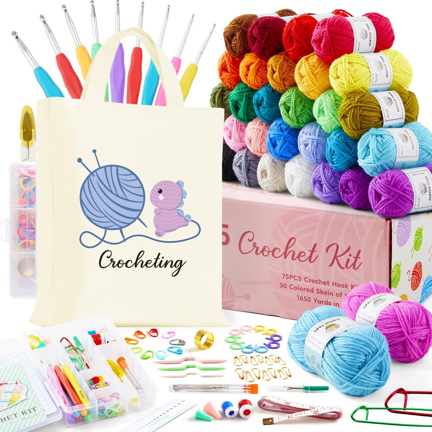 INSCRAFT Crochet Kit for Beginners Adults, 30 Acrylic Yarn Skeins 1650 Yards Yarn, 105 PCS Crochet Kit with Hooks Yarn Set,includes Canvas Tote Bag, Ideal Starter Pack for Kids Professionals