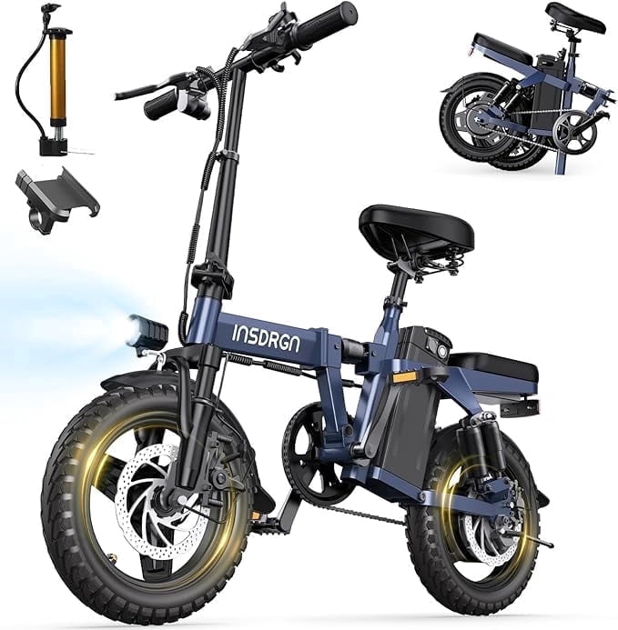 INSDRGN Folding Electric Bike for Adults Teens, 1500W Peak Motor, 16AH 48V Battery 14" Electric Bicycles, 35 Miles Range, Mini Ebike for City Commuter, UL2849, Blue