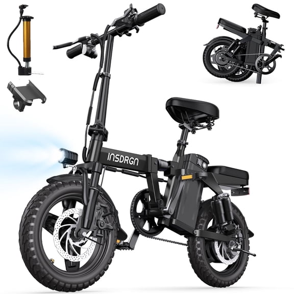 INSDRGN Folding Electric Bike for Adults Teens, 650W Peak Motor, 10.4AH 48V Battery 14" Electric Bicycles, 28 Miles Range, Mini Ebike for City Commuter, UL2849, Black
