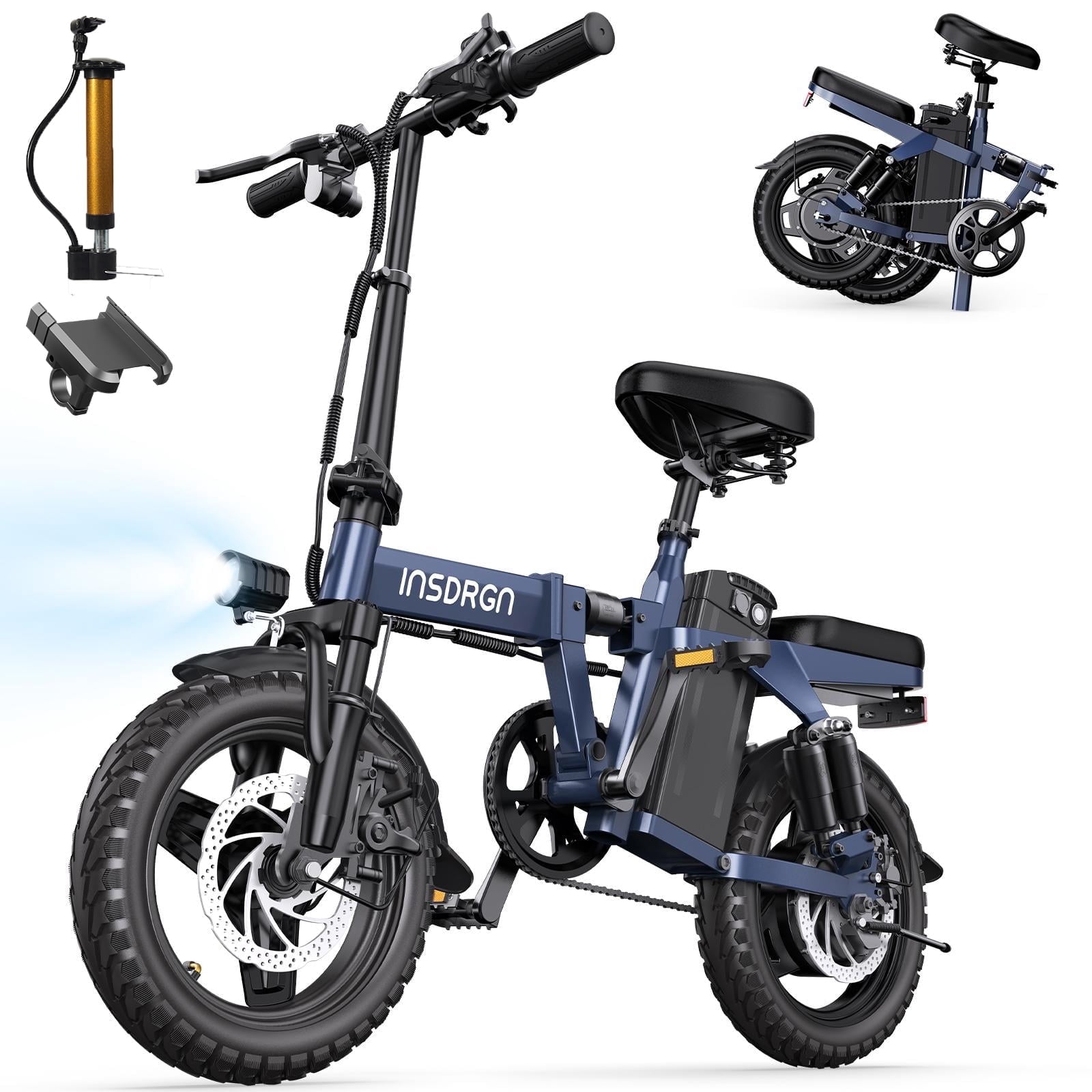 INSDRGN Folding Electric Bike for Adults Teens, 650W Peak Motor, 10.4AH 48V Battery 14" Electric Bicycles, 28 Miles Range, Mini Ebike for City Commuter, UL2849, Blue