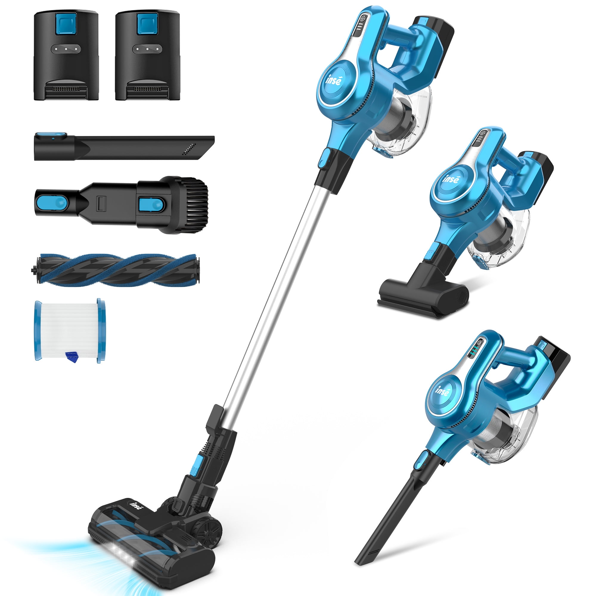 INSE Cordless Vacuum Cleaner with 2 Batteries, 8-in-1 Lightweight Stick  Vacuum, Up to 90mins Run-time, 30kPa 300W Powerful Suction Rechargeable
