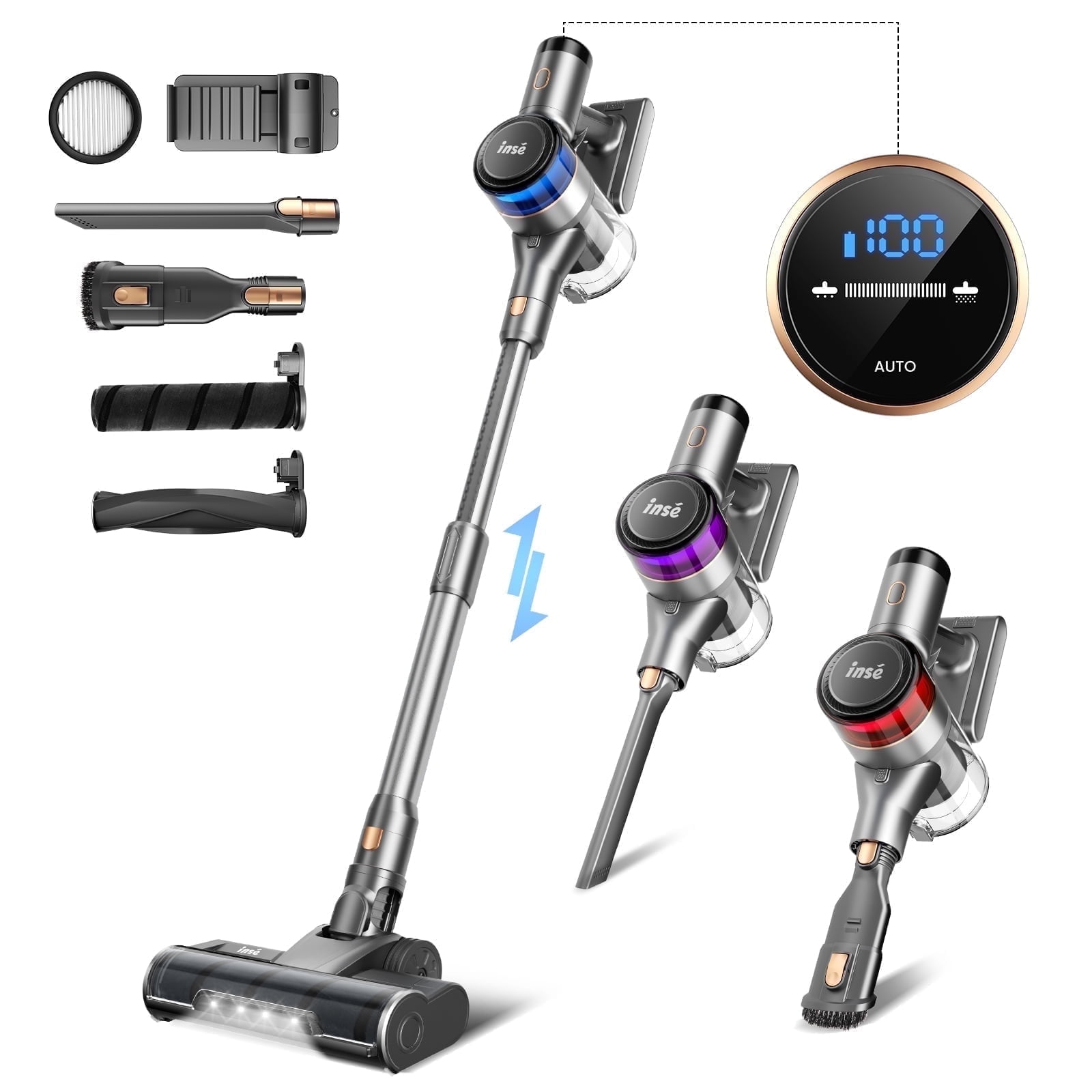 INSE Cordless Stick Vacuum 30000pa/400W Brushless Motor, 55min 2200mAh Lightweight Stick Vacuum Cleaners for Home Pet Hair Car Carpet Hardwood Floor - Walmart.com