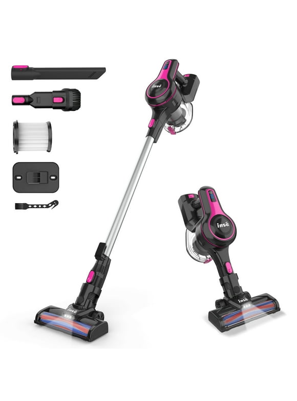 INSE Cordless Vacuum Cleaner, 6-in-1 Rechargeable Stick Vacuum with 2200 mAh Battery, 20kPa Powerful Lightweight Vacuum Cleaner up to 45 Mins Runtime, for Home Hard Floor Carpet Pet Hair, Red