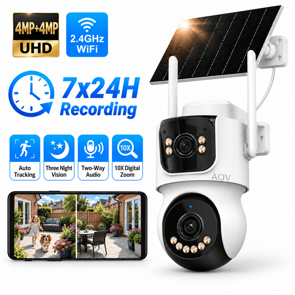 INSEETECH Aov 4K/8MP Dual-Lens Solar Security Camera, Outdoor, 9W Solar Panel, 24/7 Recording, 10000mAh Battery, Auto Tracking, Wifi 6, 360 Ptz, 10X Zoom