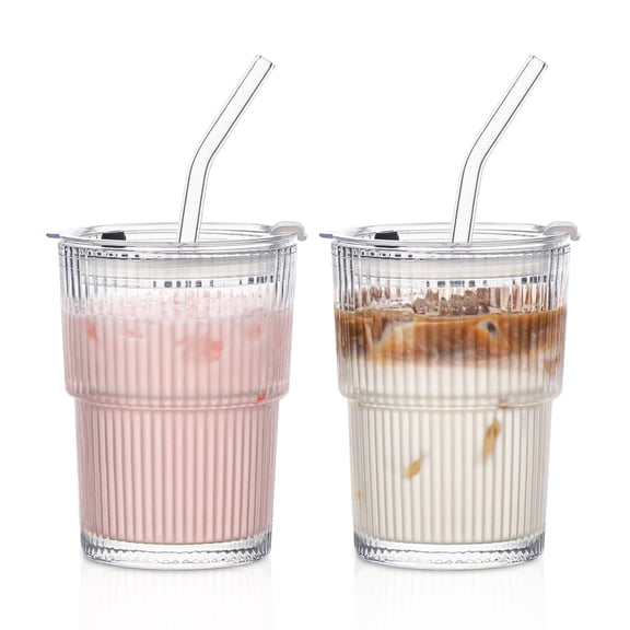 INSETLAN 380ml Glass Tumbler with Lid and Straw 2 Pack - Ribbed Glass Cup Iced Coffee Glasses, On The Go Leakproof Tumbler Cup for Smoothies, Iced Latte,Matcha, Cold Drinks (2)