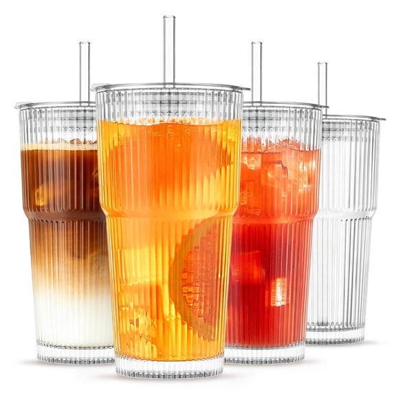 INSETLAN 600ML Ribbed Iced Coffee Cups, 4 Pack Leakproof Glass Tumblers with Lids and Glass Straws, Glass Cups with Straw and Lid for Matcha Iced Coffee, Smoothie