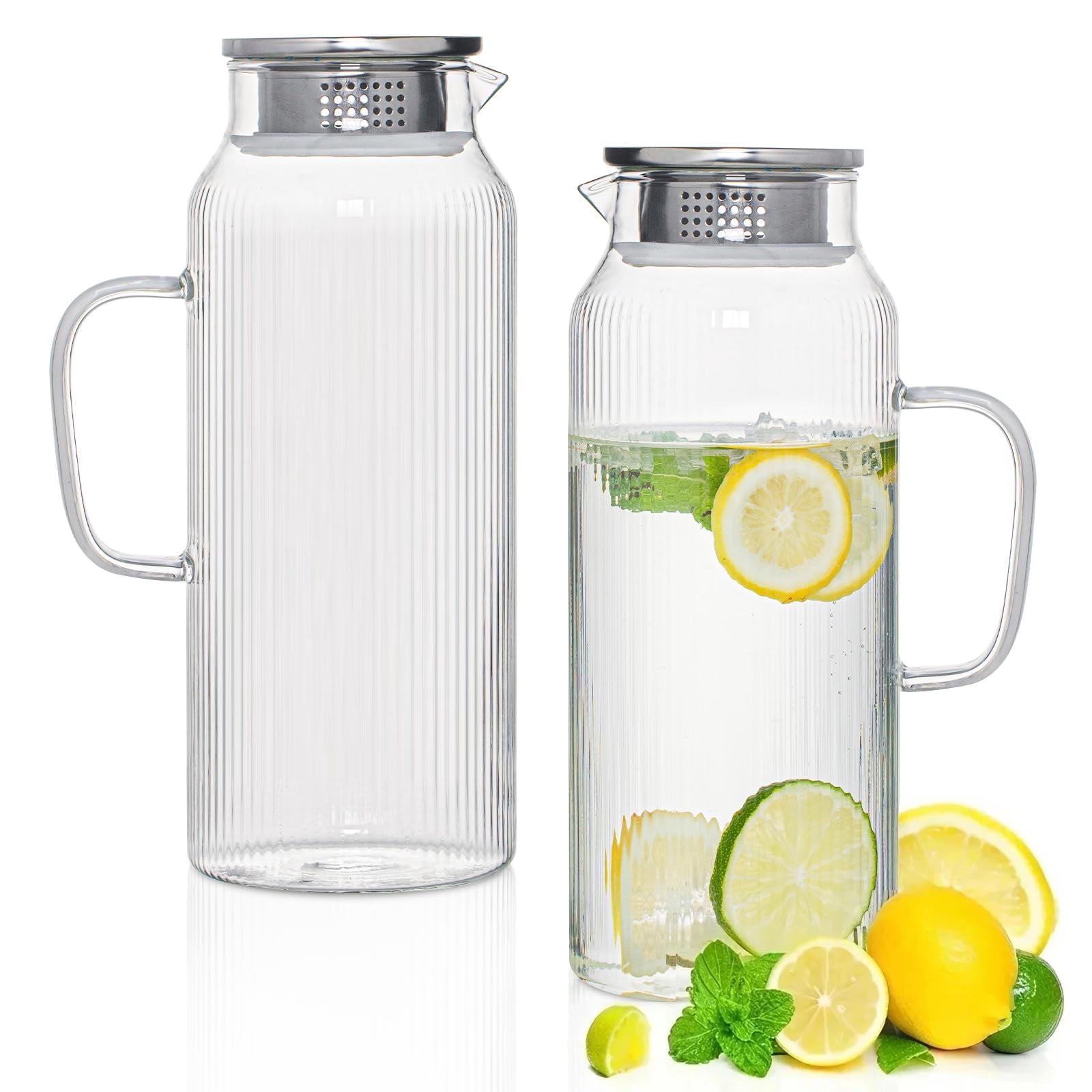 INSETLAN 68oz/2L Glass Pitcher with Lid and Spout, 2-Pack Glass Jugs ...
