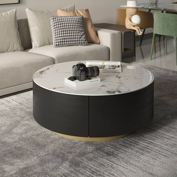 INSEUS Modern Marble Top Round Coffee Table with Metal Base and 2 Drawers White&Black