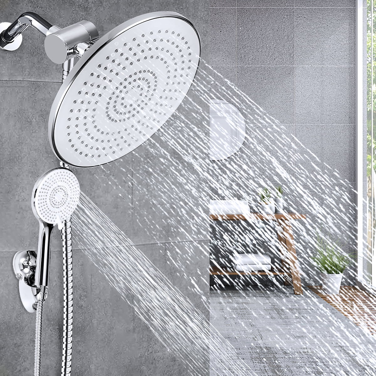 INSMA 9 Inch High Pressure Rainfall Shower Head and Handheld Combo, Luxury Modern Chrome Plated with 60'' Hose Anti-leak with Holder
