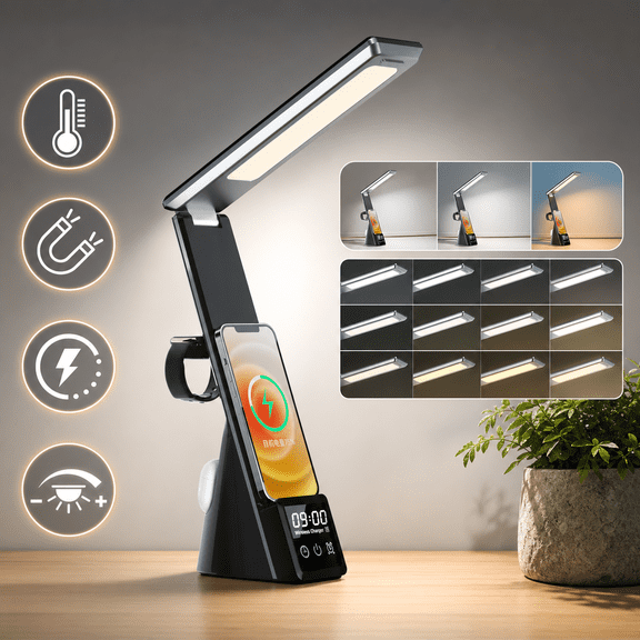 INSMART LED Desk Lamp with Wireless Charging,7-in-1 Touch Control Table Lamp,15W Fast Charging,Clock,Alarm,3 Modes,Dimmable Lights for Home Office,10.9In,Black