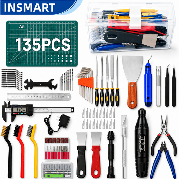INSMART 135Pcs 3D Printer Tools Kit, 3D Printer Accessories with Box, Includes Nozzle Cleaning Kit, Deburring Tool, Scrapers, Files, Drill, Tweezers, Grinder, Screwdriver Set & Digital Caliper