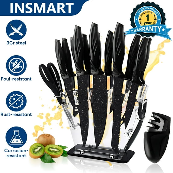 INSMART 17 Piece Kitchen Knife Set,Knife Set with Sharpener,Teflon Non-Stick Coating Kitchen Cutlery,No Rust,Super Sharp,Include Chef,Bread,Steak,Knives