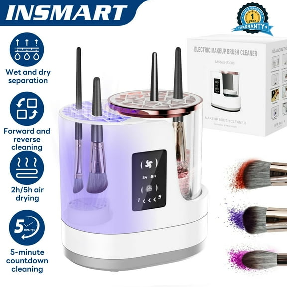 INSMART Makeup Brush Cleaner, 3 IN 1 Makeup Brush Cleaner Machine with Dual-Direction Cleaning, 2H/5H Dryer Timer, Detachable Wash Tank, Touch Control, and 5-Min Quick Wash