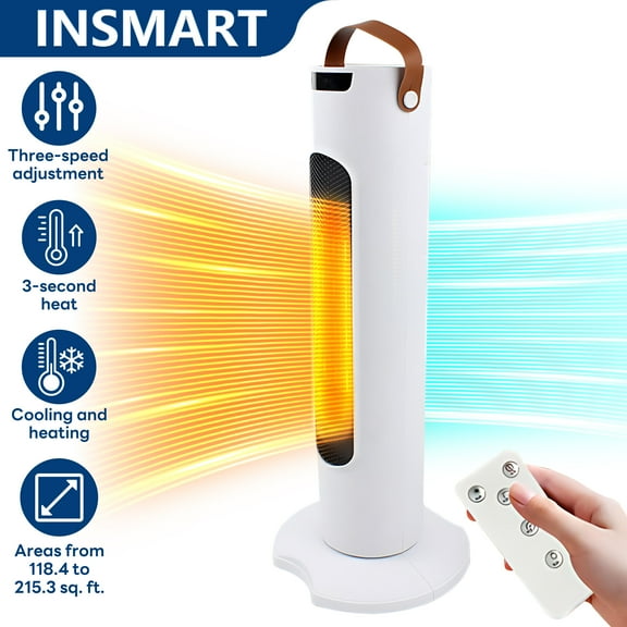 INSMART 2000W Space Heater for Indoor Use with Remote,3-Speed Adjustable, Quiet,Support Dual Use of Cooling & Heating,70° Wide-Angle,Overheat Protection,for Bedroom&Office,21.7in Tall (White)