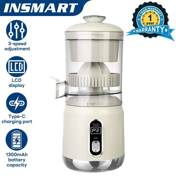 INSMART Electric Citrus Juicer with LCD Display,3-Speed Adjustable,600ml Capacity,110mm Wide Mouth,Type-C Rechargeable,45W Powerful Squeezing for Whole Fruits,Portable Home Kitchen Appliance Beige