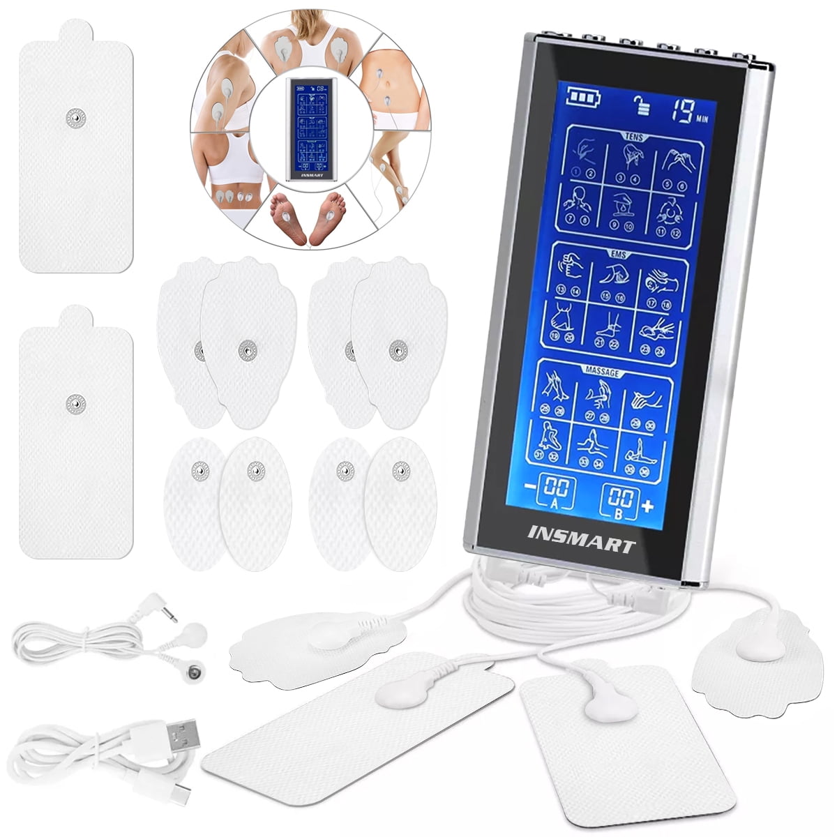 INSMART 3-in-1 TENS Unit Muscle Stimulator, Dual Channel, 36 Modes, 10 ...