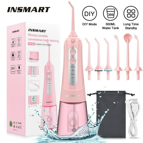 INSMART 300ML Cordless Water Flosser Dental Teeth Cleaner,DIY Mode USB Rechargeable Dental Oral Irrigator for Home and Travel, IPX7 Waterproof 4 Modes Irrigate for Oral Care