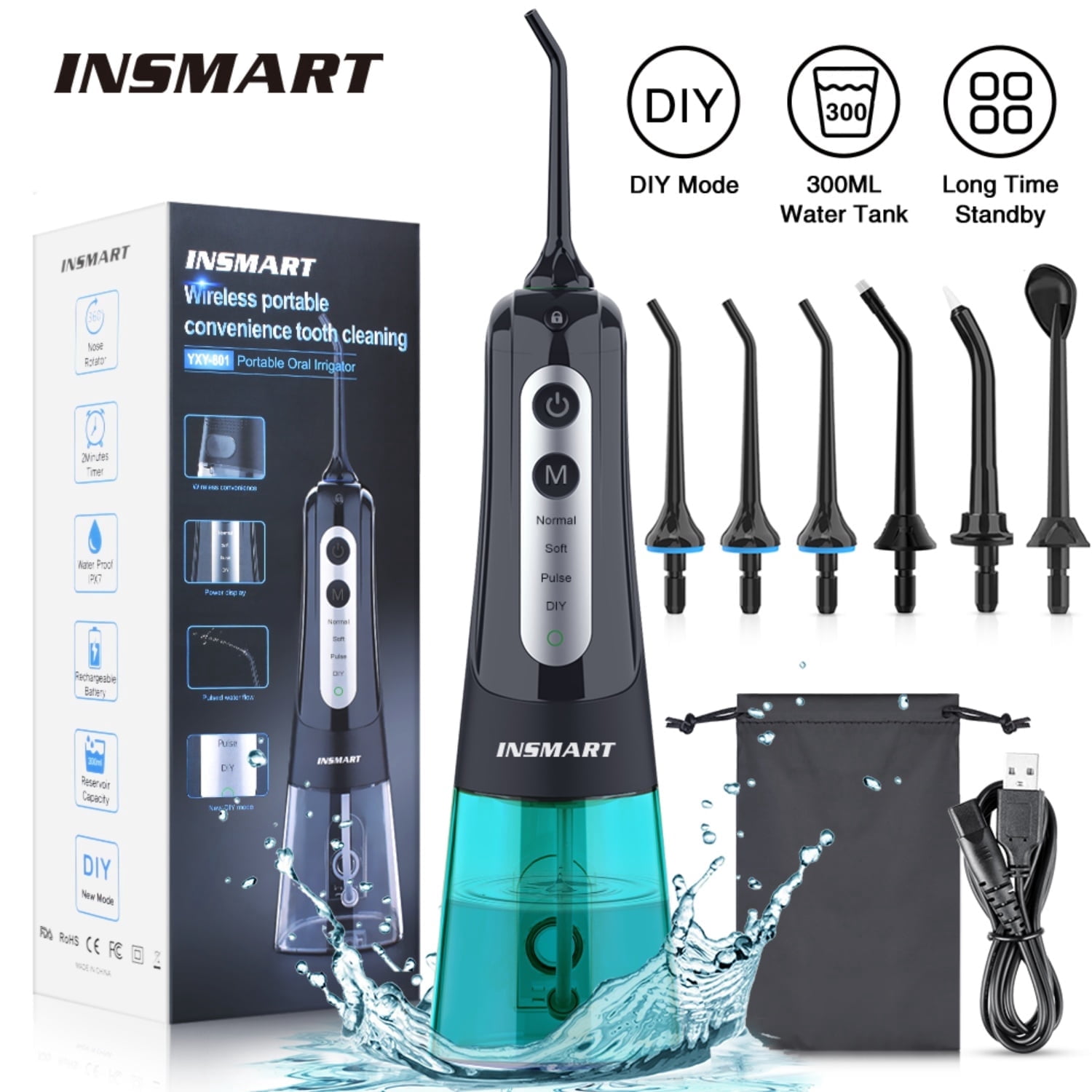 INSMART 300ML Cordless Water Flosser Dental Teeth Cleaner，Portable Oral Irrigator, Electric Flossing Cleaner(6 Jet）