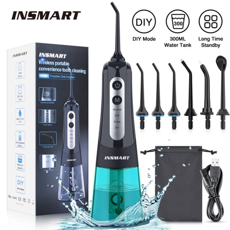 INSMART 300ML Cordless Water Flosser Dental Teeth Cleaner,Portable Oral Irrigator, Electric Flossing Cleaner(6 Jet)