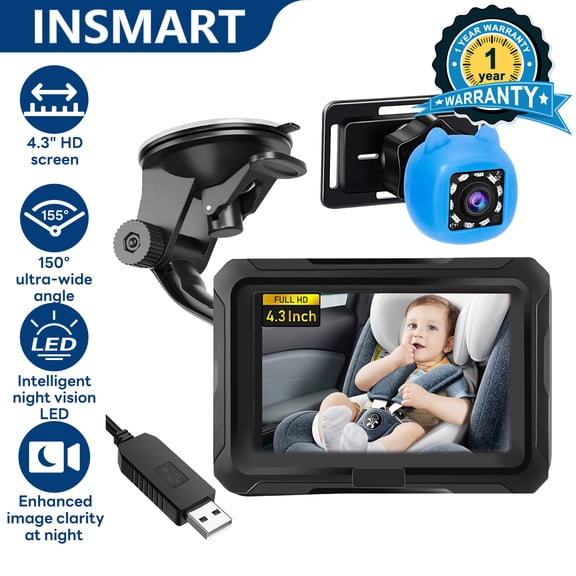INSMART 4.3" Baby Car Camera, 1080P HD Night Vision, 150° Wide View for Back Seat Monitoring