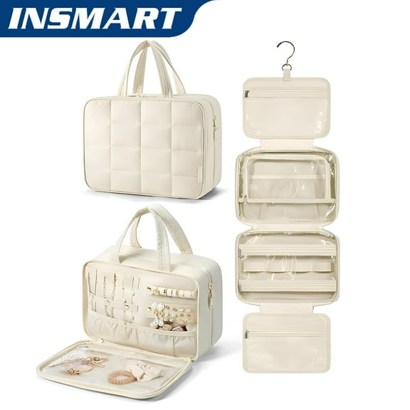 INSMART 4 Folding Toiletry Bag for Women & Men - Hanging Travel Organizer with 4 Compartments,Water-Resistant Cosmetic Bag,Compact for Shampoo,Makeup,Essentials(White)
