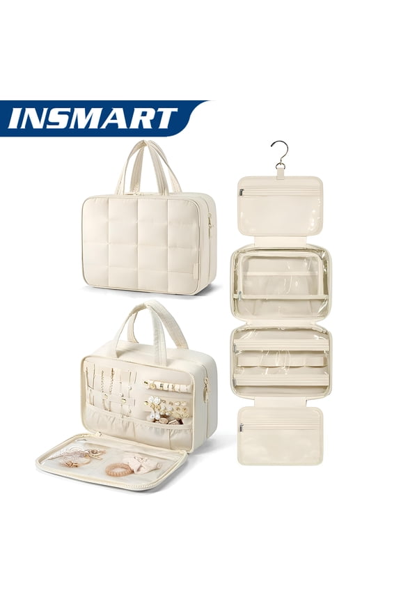 4 Folding Toiletry Bag for Women & Men - Hanging Travel Organizer with 4 Compartments,Water-Resistant Cosmetic Bag,Compact for Shampoo,Makeup,Essentials(White)