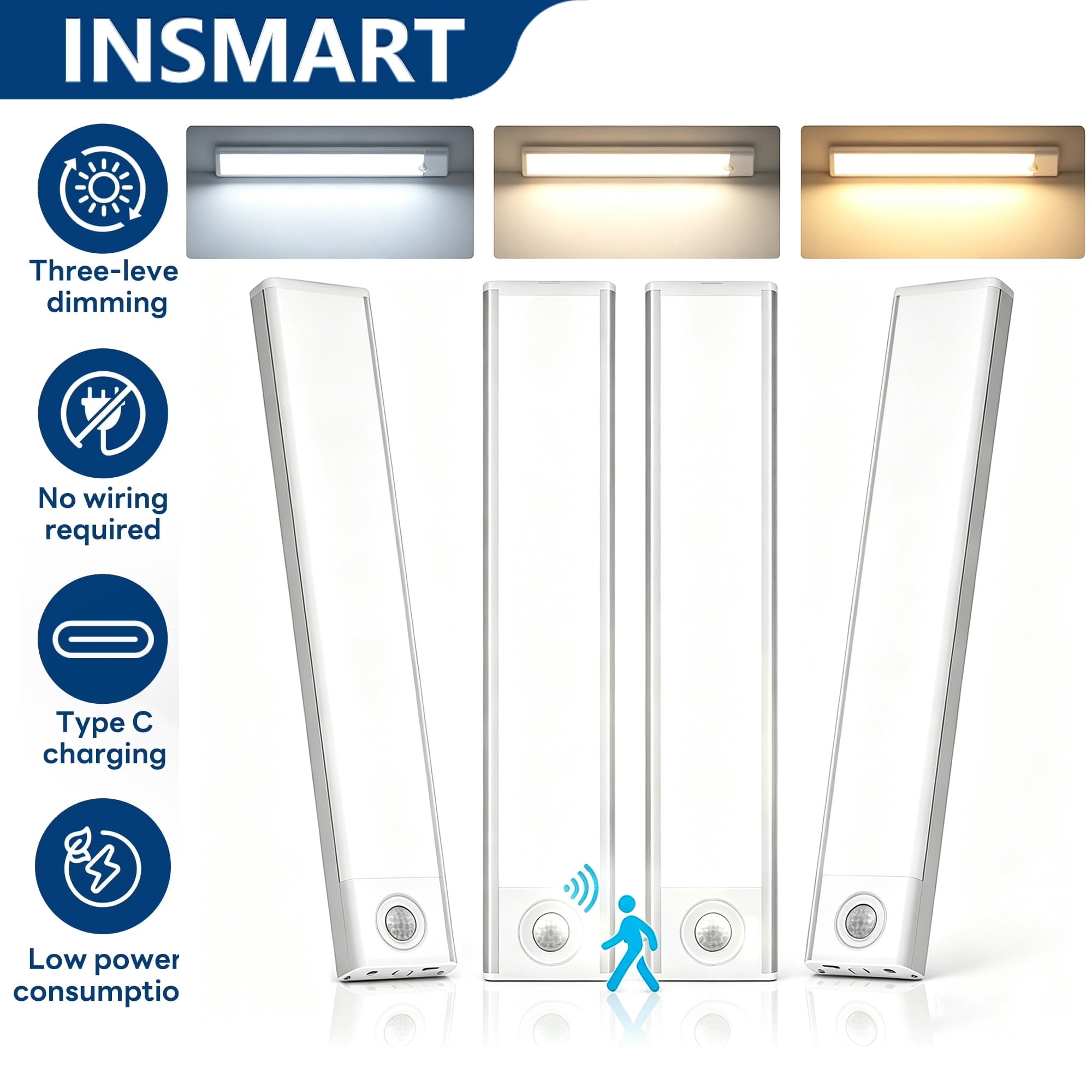INSMART 4-Pack Under Cabinet Lights with 40 LED, USB Rechargeable Motion Sensor Closet Lighting for Kitchen Wardrobe, 3-Speed Dimming, No Wiring, Magnetic Strip (7.9in)