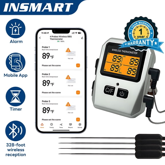 INSMART Meat Thermometer with 4-Probes, Smart Rechargeable Wireless Bluetooth Meat Thermometer for Grilling, BBQ, Smoking, 328ft Range, 1C Accuracy, Timer, USDA Presets