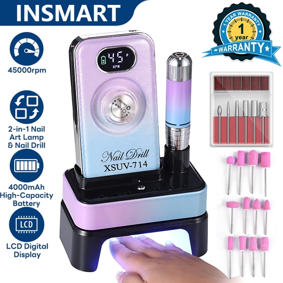 INSMART 45000 RPM Nail Drill Machine, 2-in-1 Professional Nail File & LED Lamp, Rechargeable for Acrylic Gel Nails Home Salon Use