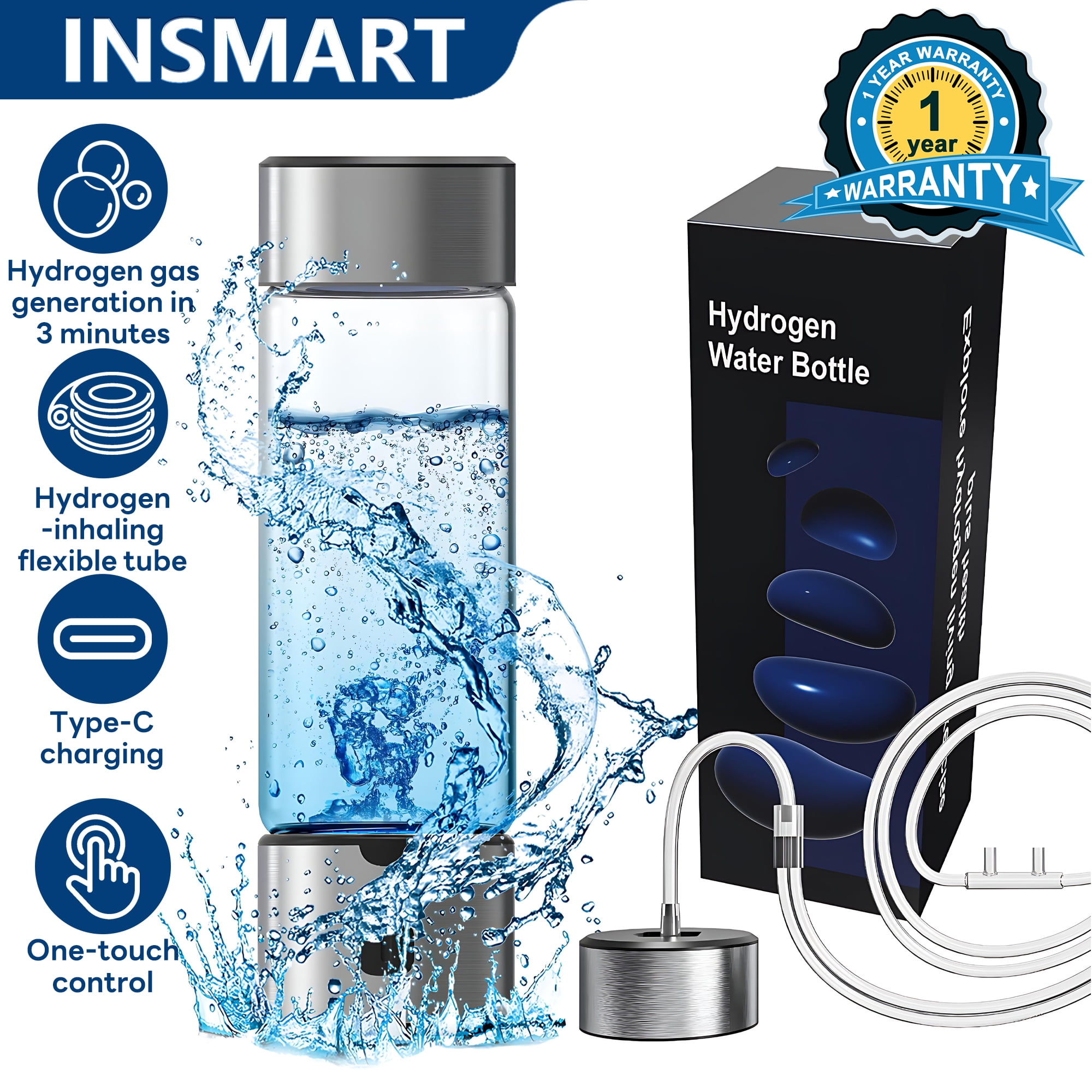 INSMART Hydrogen Water Bottle, 16 Oz Portable Rechargeable Hydrogen Water Generator, SPE & PEM Technology, 1500 PPB in 3 Minutes, Silver
