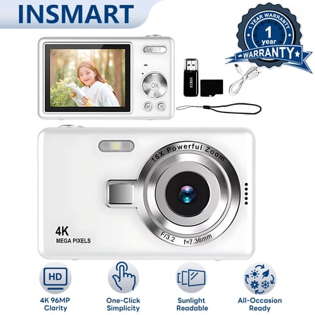 INSMART 4K Digital Camera,96MP Auto Focus 16X Zoom Anti Shake, 2.4in Portable Travel Camera,64GB Card, Compact Vlogging Camera for Teens, Adults