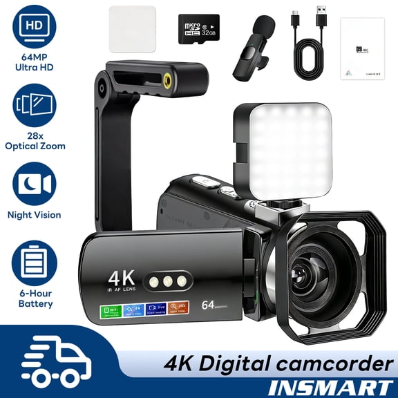 INSMART 4K Digital camcorder, HD 64MP Vlogging Camera for 28X Digital, Zoom 180° Rotation, Screen 3.0", Night Vision, WiFi Connection with 32GB Card
