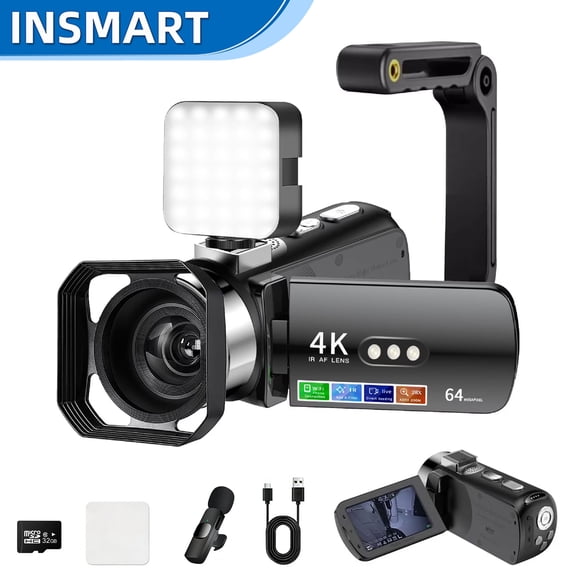 INSMART 4K Camcorder, 64MP UHD Video Camera, 28X Zoom Vlogging Camera with 3" Flip Screen, Built-in Microphone & 32GB SD Card, Digital Video Camera for Youtube & Family Recording