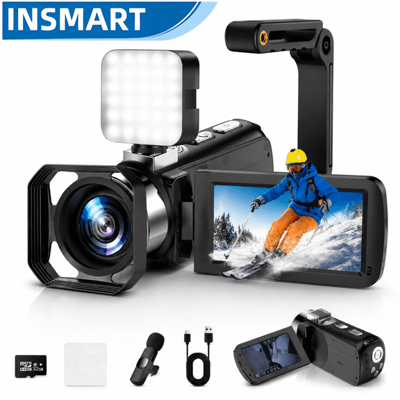 INSMART 4K Camcorder, 64MP UHD Video Camera, 28X Zoom Vlogging Camera with 3" Flip Screen, Built-in Microphone & 32GB SD Card, Digital Video Camera for Youtube & Family Recording