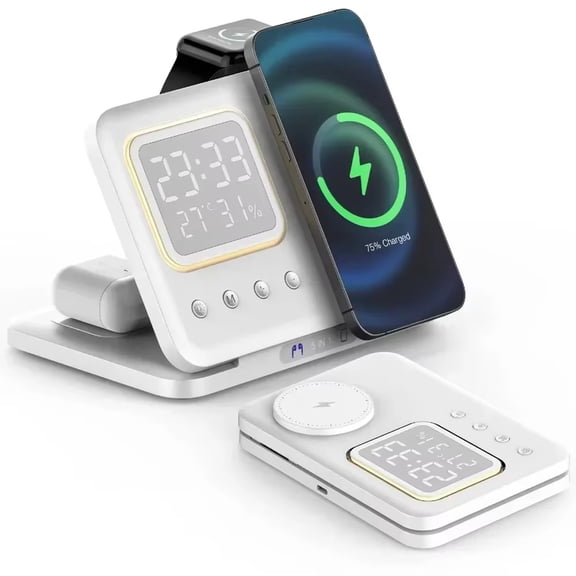 INSMART 5 in 1 Wireless Charging Station,15W Fast Charge with Digital Clock,Night Light Temperature Display Wireless Charging for iPhone,Apple Watch,Airpods