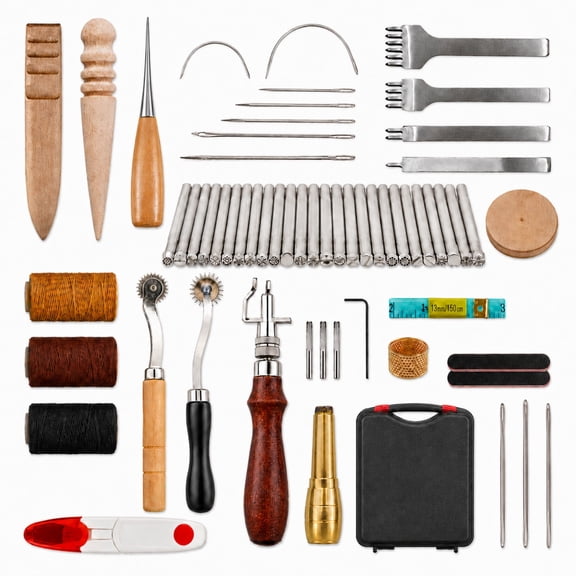 INSMART 59 Pcs Leather Working Tool Kit with Cutting Mat, 20 Carving Stamps, Stitching Chisels, Waxed Thread, Groover, Awl and Needles for DIY Leather Craft