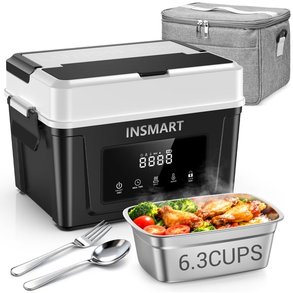 INSMART 6.3-Cup Cordless Electric Lunch Box for Adults, Heated Lunch Box for Men with Scheduled Heating, Portable Car Food Warmer with Utensils, Two-Tier Bag,Dishwasher Safe,Removable Divider(Black)