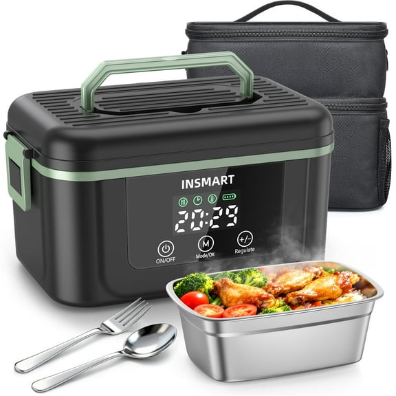 INSMART 6.3-Cup Cordless Electric Lunch Box for Adults, Heated Lunch Box for Men with Scheduled Heating, Portable Car Food Warmer with Utensils, Two-Tier Bag,Dishwasher Safe,Removable Divider