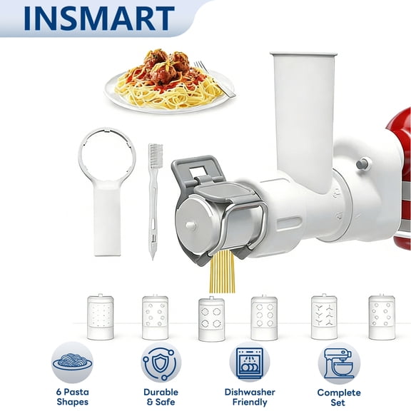 INSMART 6-in-1 Pasta Attachment for Stand Mixer, Pasta Maker Attachment with 6 Shapes Pasta Press Outlet & Cleaning Brush, Dishwasher Safe Homemade Pasta Accessories for Kitchen Aid