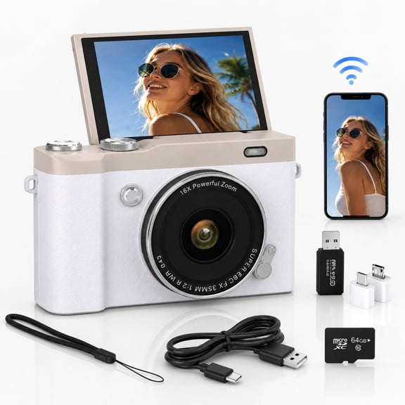 INSMART 4K 64MP Digital Camera, 180 Flip Screen, 16X Zoom, Autofocus Vlogging Camera with Flash, White