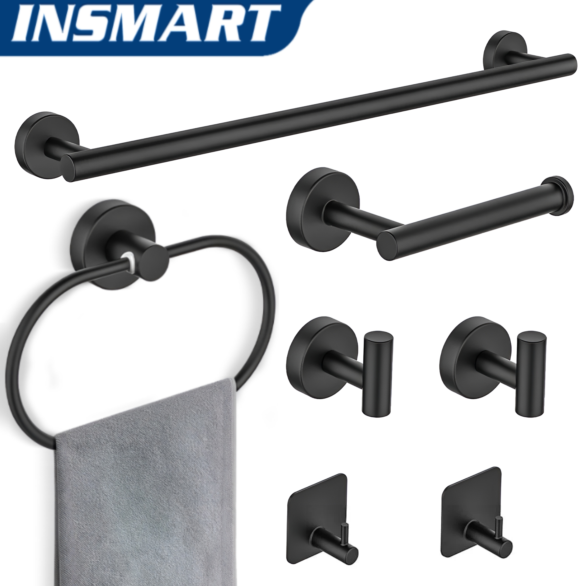 INSMART 7 PCS Bathroom Hardware Set,Black Stainless Steel Bathroom Tower Rack Set Wall Mounted,Includ Towel Bar, Towel Ring Towel Hook and Toilet Paper Holder