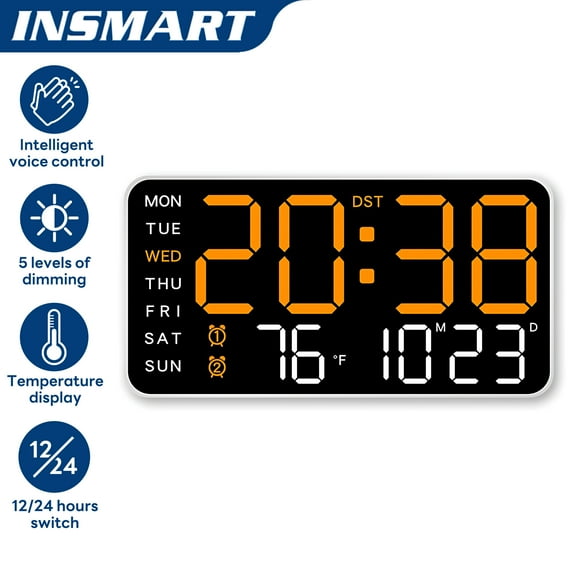 INSMART 8.7" Digital Wall Clock with Voice Control,Five Levels of Adjustable Brightness,Dual Alarm,Temperature & Date Display,Auto-Dimming,12/24 hour Switching – Ideal for Home,Office,Bedroom (White)