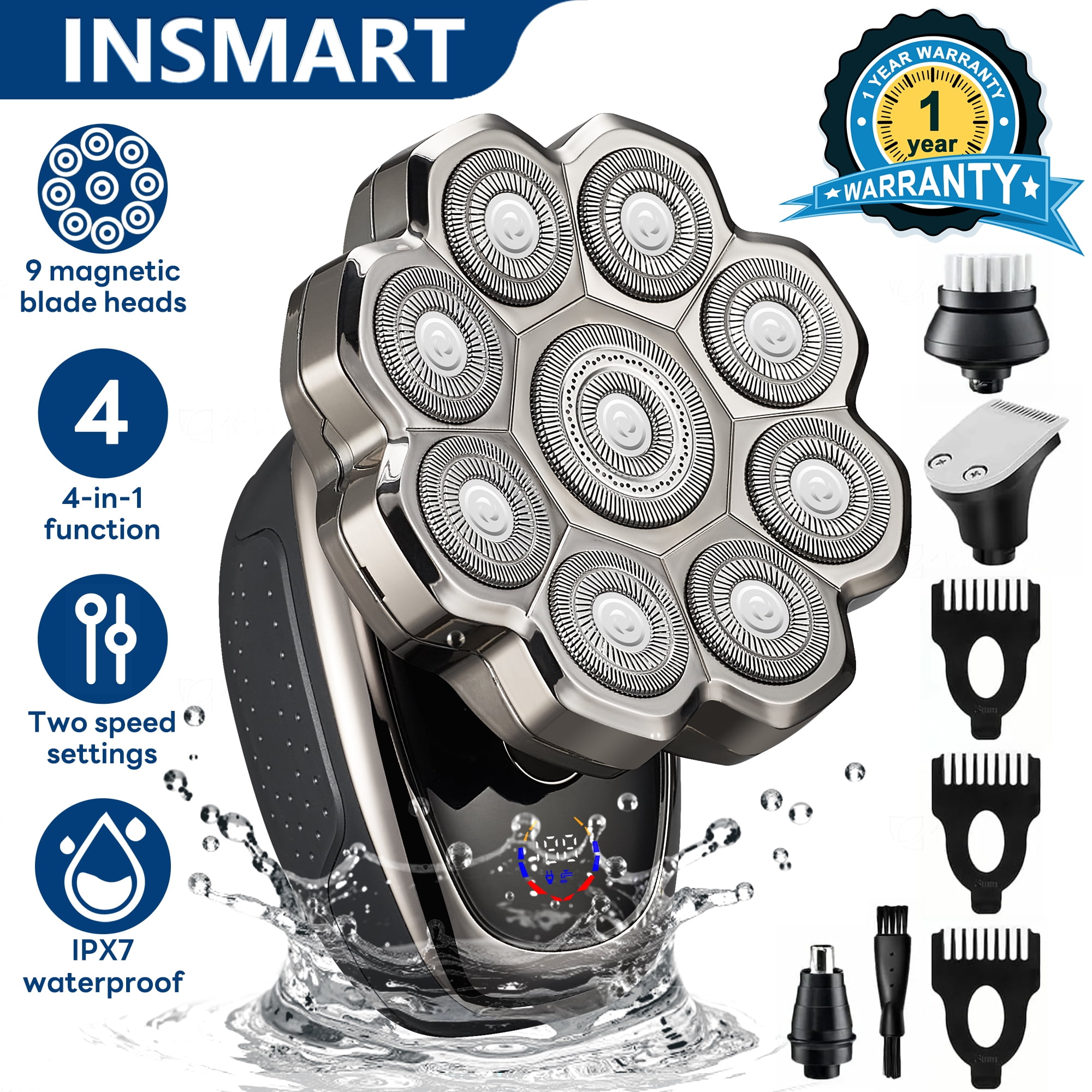 INSMART 9D Electric Shaver with Magnetic Heads, 2-Speed & 4-in-1 Grooming Kit for Men, Waterproof