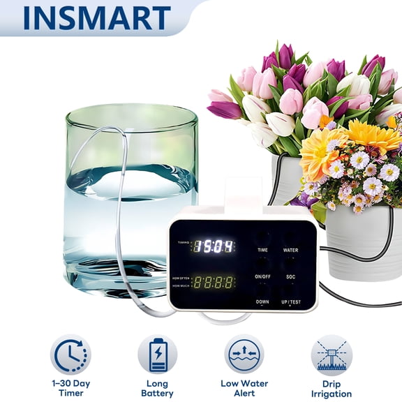 INSMART Automatic Plant Waterer, Indoor Drip Irrigation System with Timer, Plants Self Watering System with Digital Programmable Timer, LED Display for Plants