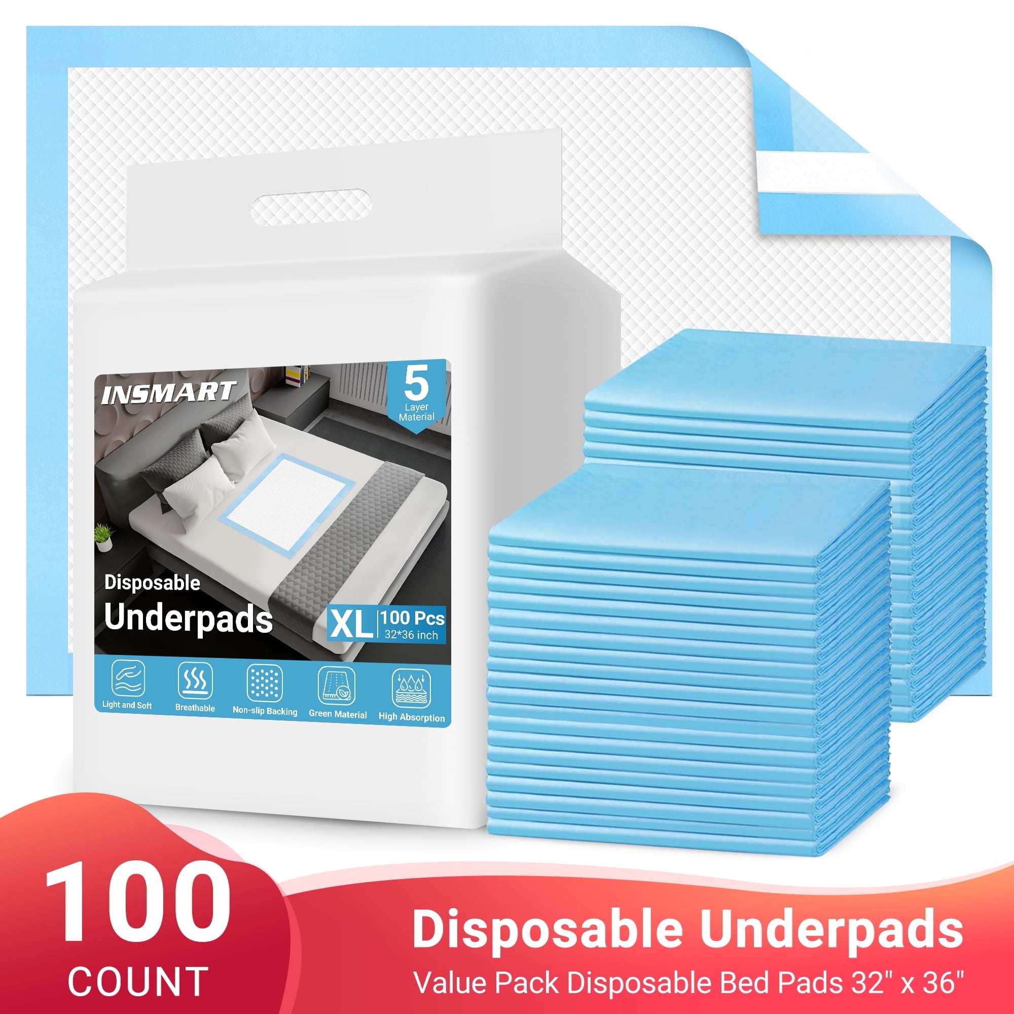 INSMART Bed Pads for Incontinence Disposable, 32" x 36", 100 Count Disposable Incontinence Bed Pads-Maximum Absorbent Unisex Large Chucks Pad-Incontinence Bed Pads-Bed Liners(Upgrade Tape)