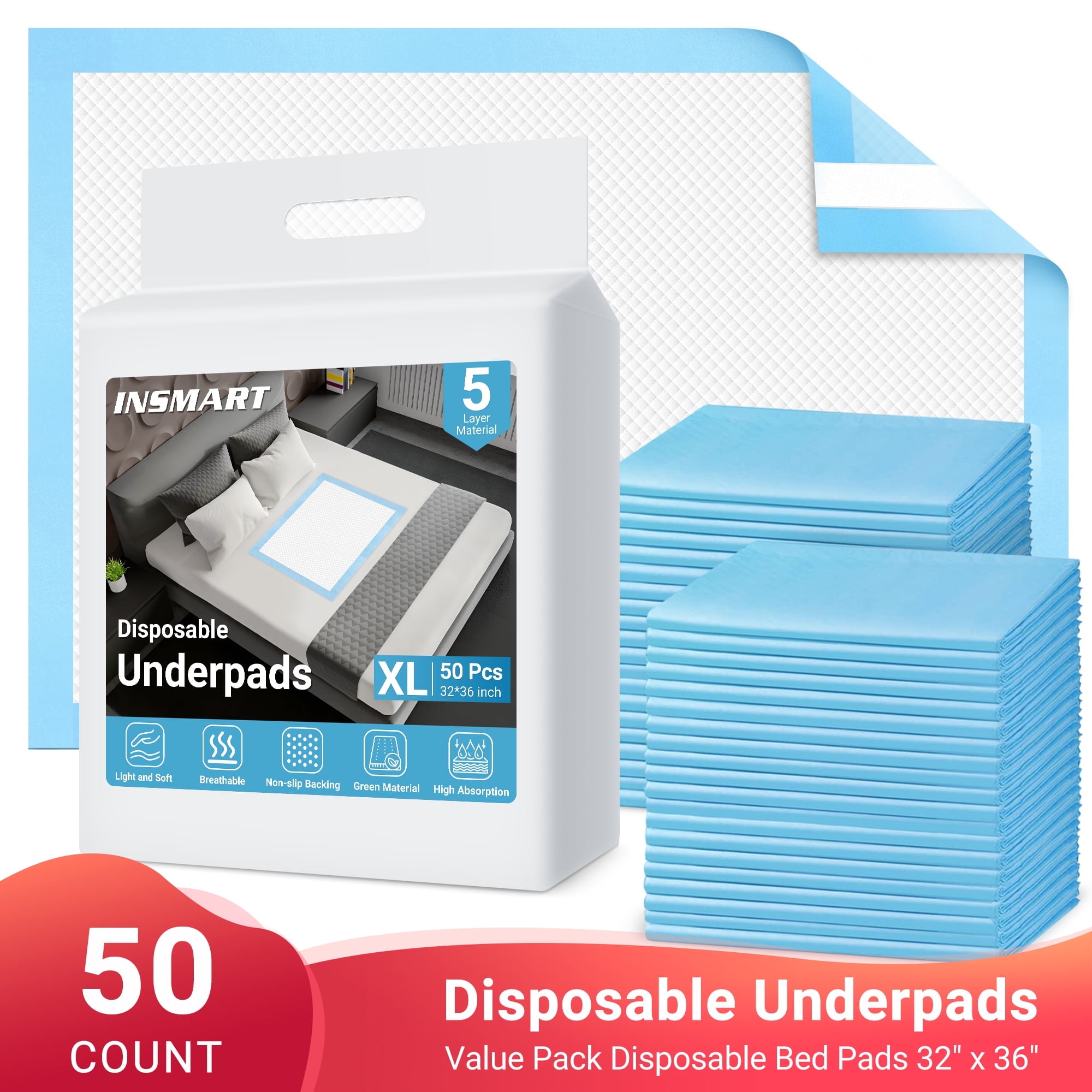 INSMART Bed Pads for Incontinence Disposable, 32" x 36", 50 Count Disposable Incontinence Bed Pads-Maximum Absorbent Unisex Large Chucks Pad-Incontinence Bed Pads-Bed Liners(Upgrade Tape)