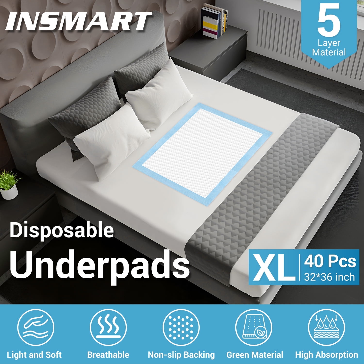 INSMART Bed Pads for Incontinence Disposable, 32 x 36 Waterproof Underpads, Maximum Absorbent Unisex Chucks Pad, Bed Liners Chux for Adults, Kids and Pets, XL (40 Count)