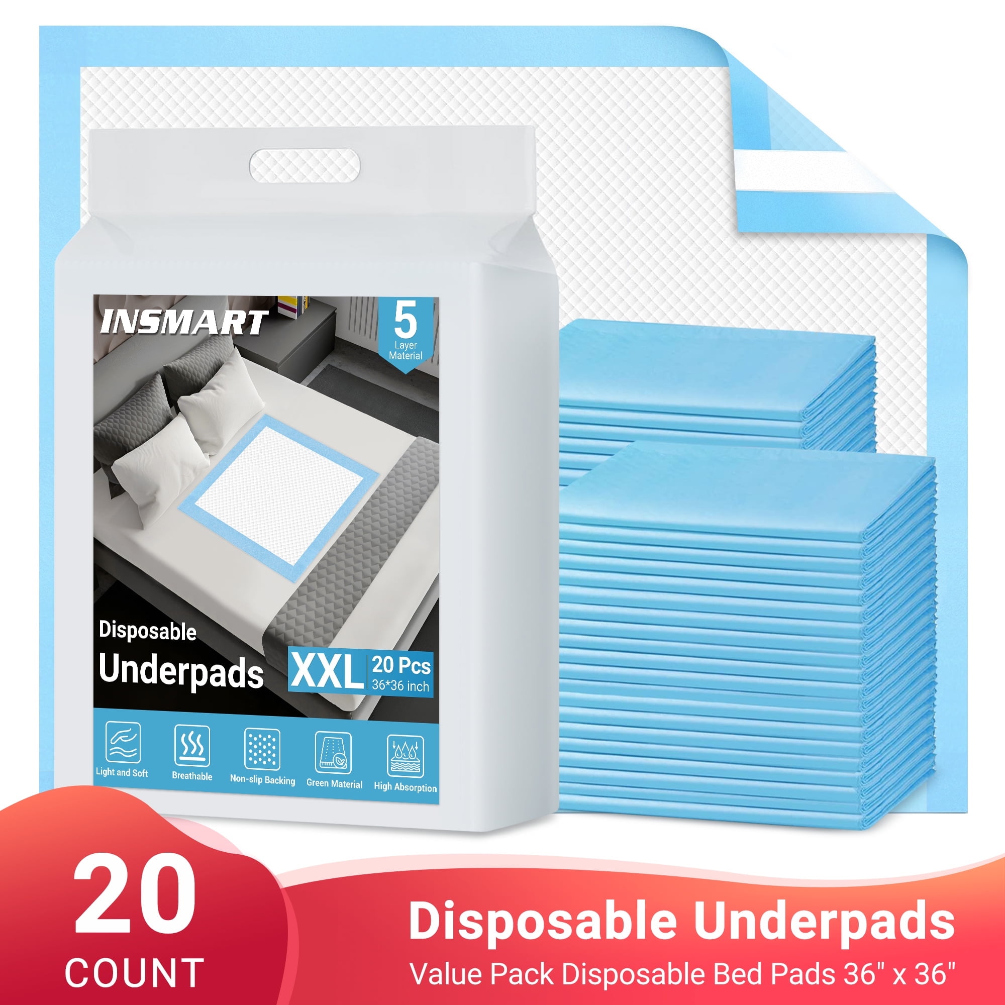 INSMART Bed Pads for Incontinence Disposable, 36" x 36", 20 Count Disposable Incontinence Bed Pads-Maximum Absorbent Unisex Large Chucks Pad-Incontinence Bed Pads-Bed Liners Incontinence,XXL(Upgrade)