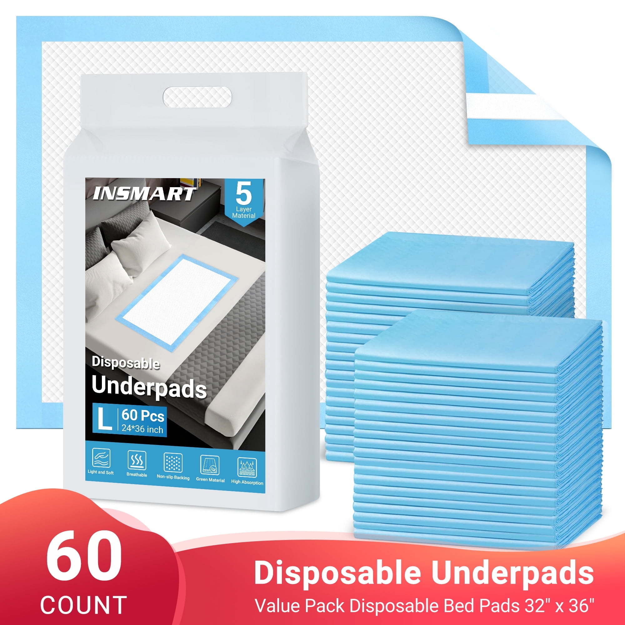 INSMART Bed Pads for Incontinence Disposable 24'' X 36'' , 60 Count Disposable Incontinence Bed Pads,Waterproof Bed Pads-Super Absorbent Protection